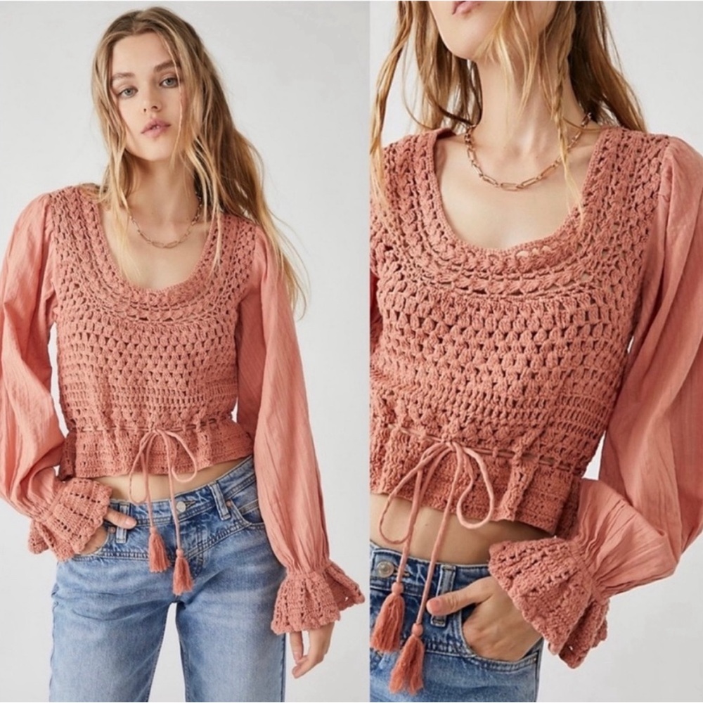 Free People Crochet Long Sleeve Top, size small - Picture 2 of 4